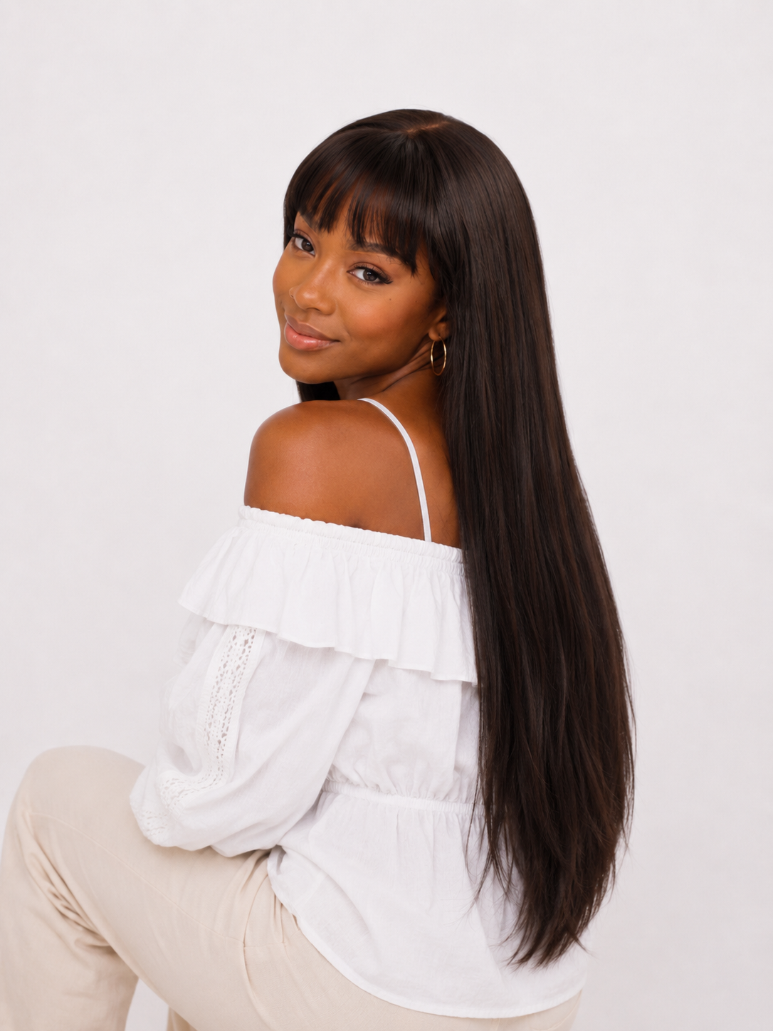Perruque Lisse à Frange Virgin Hair 28 Pouces – Arrêt Naturel | densité 180% Cheveux 100% Humains Premium